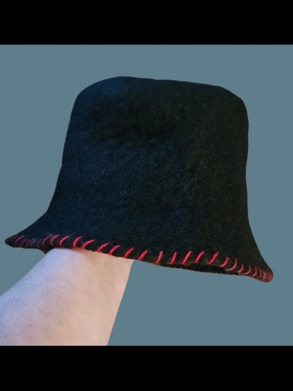 Boiled Wool Vintage Bucket Hat with Contrast Red Whipstitch Brim.